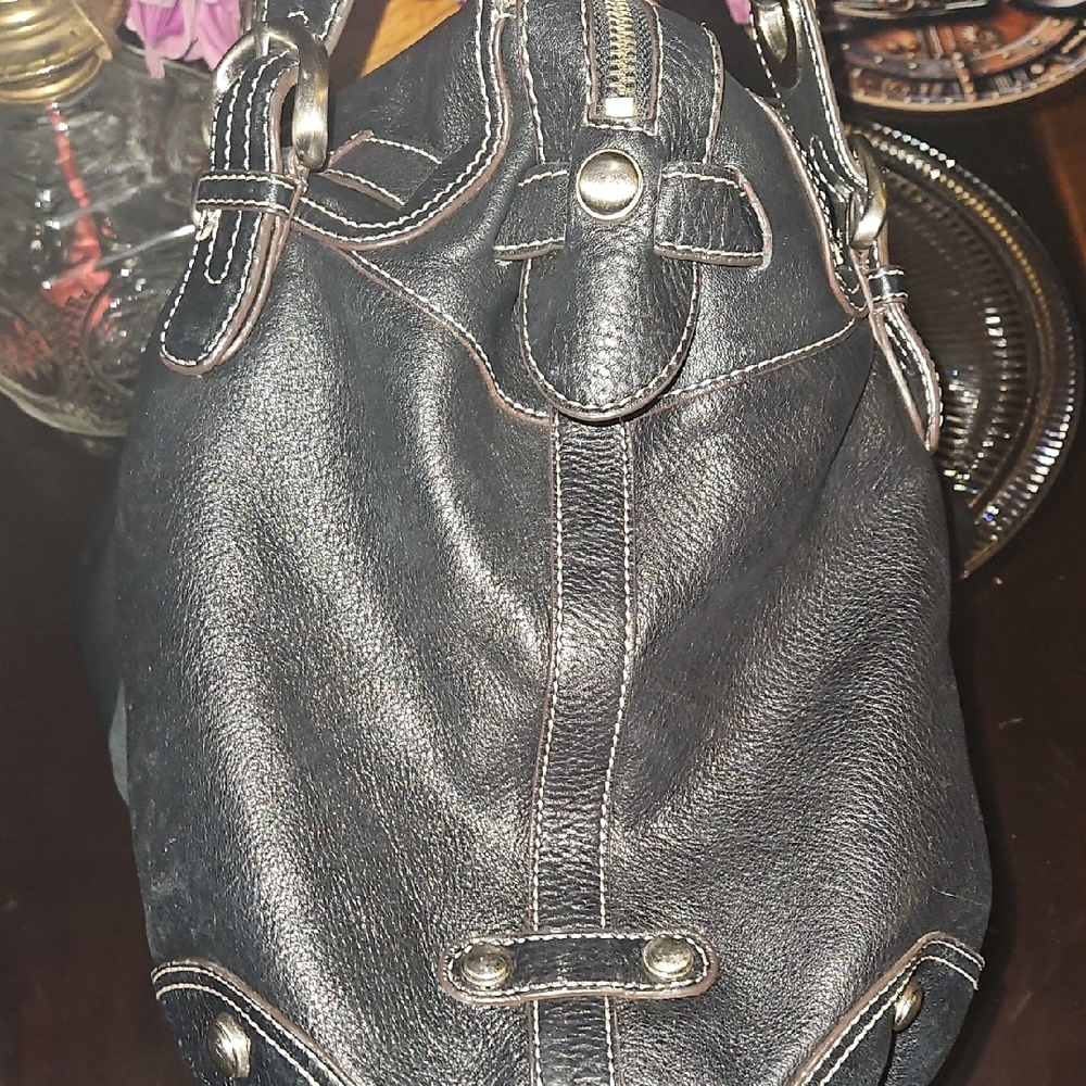 b. makowsky Black Leather Shoulder Bag, Heavy Silver Hardware&White Stitching - Picture 12 of 16